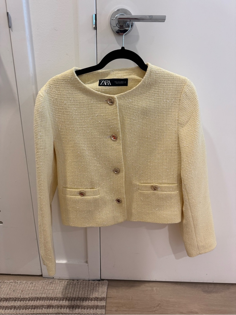 ZARA Light Yellow Tweed Cropped Button Jacket